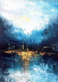 Blue & Gold Abstract Oil Painting | Modern Seascape Canvas Wall Art for Living Room